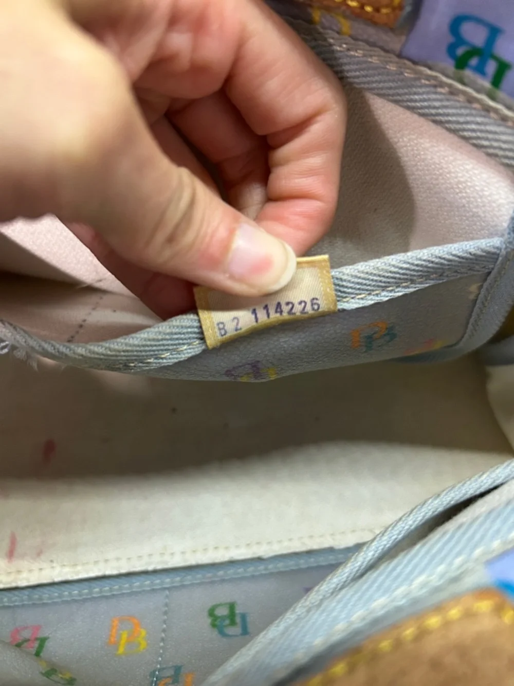 Dooney & Bourke Uncoated Light Blue Multicolor Logo Tote with Tan Handles